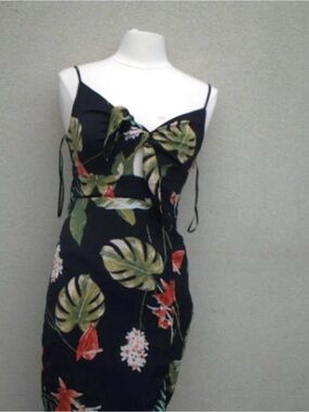 Black Tropical Print Spaghetti Strap Dress